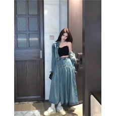 批发复古<b class='q'>牛仔</b>套装女短款<b class='q'>夹克</b><b class='q'>牛仔</b>外套百褶半身裙两件套