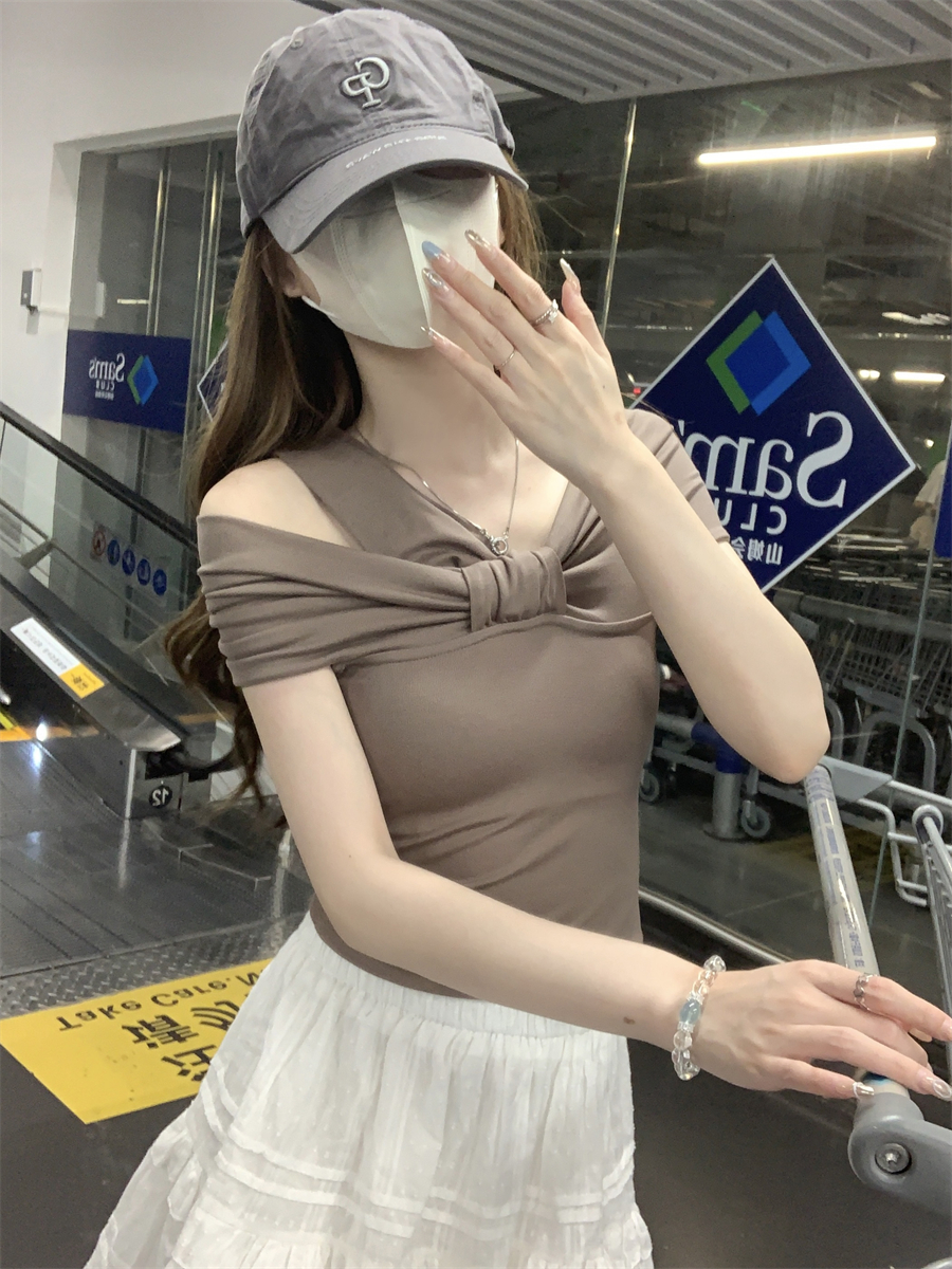 LN45974# 设计感别致扭结一字肩可两穿挂脖T恤上衣 服裝批發女裝批發服飾貨源