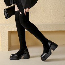 批发小个子厚底圆头时装靴2024秋冬韩版时尚舒适弹力瘦瘦靴女高帮鞋女