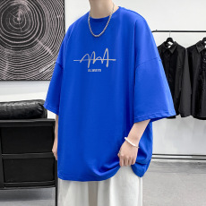 批发高品质100纯棉男女印花短袖T恤32支240g精梳棉精密赛洛落肩款