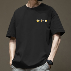 批发高品质100纯棉男女印花短袖T恤32支240g精梳棉精密赛洛落肩款