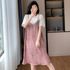 批发实拍2026夏季新款大码女装韩版拼接吊带假两件短袖<b class='q'>宽松</b>T恤连衣裙