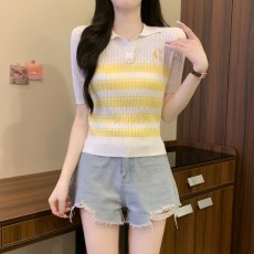 批发实拍实价夏季新款<b class='q'>学院风</b>条纹撞色设计感百搭洋气显瘦polo领针织衫