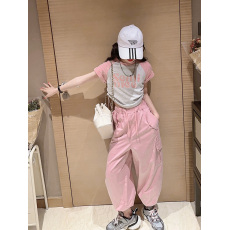 批发女童夏季套装洋气时髦百搭字母抽绳短袖裤子中大童网红夏款两件套