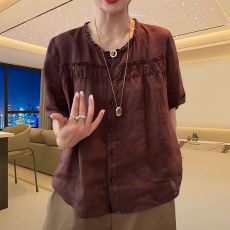 批发2026夏季大码<b class='q'>短袖</b>宽松衬衫女士休闲洋气复古百搭纯色薄款衬衣上衣