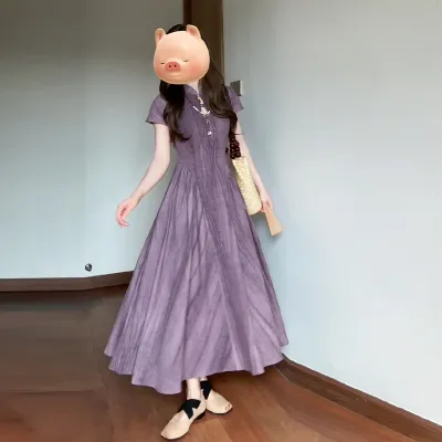紫色新中式国风连衣裙子夏季女装2024新款收腰气质改良旗袍裙长裙