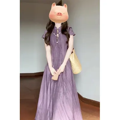 紫色新中式国风连衣裙子夏季女装2024新款收腰气质改良旗袍裙长裙