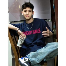 批发高品质100纯棉男女印花短袖T恤32支240g精梳棉精密赛洛落肩款