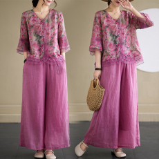 批发实拍#复古文艺小碎花衬衣女2024新款<b class='q'>欧根纱</b>拼接洋气衬衫<b class='q'>套装</b>