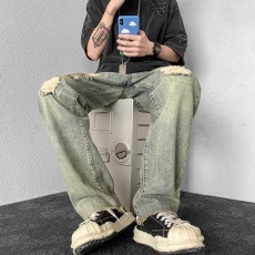 批发美式vibe<b class='q'>风</b>裤子高街潮牌黄泥染水洗破洞牛仔裤男复古街头阔腿长裤