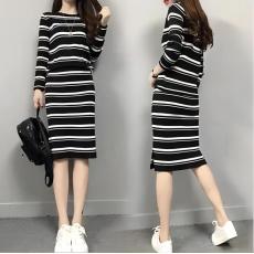 批发毛衣套装女秋新款长袖条纹针织衫女装包臀裙韩版开叉半身裙两件套