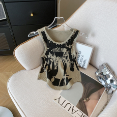 批发实拍夏新款时尚拼色字母休闲上衣独特别致设计感柳钉涂鸦无袖背心