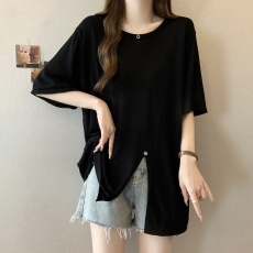 批发实拍~大码休闲不规则开叉短袖针织t恤女夏胖mm遮肉显瘦设计感上衣