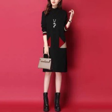 批发2025新款中长款直筒宽松针织连衣裙高圆领长袖打底衫秋冬女装