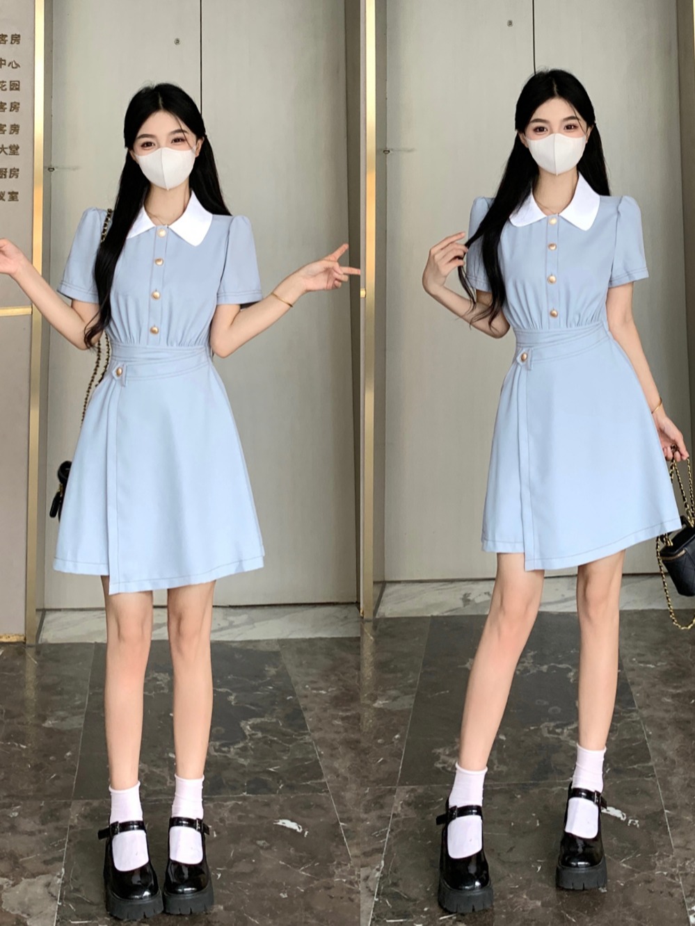 파란색 POLO 칼라 허리 수축 여성 드레스 2026 여름 새로운 디자인 센스 슬림해 보이는 불규칙 캐주얼 티셔츠 치마