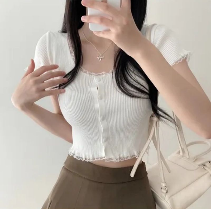 있음 선적 한국 chic 여름 패션 패치워크 레이스 오픈 가디건 얇은 스타일 반바지 몸매 가꾸기 니트 맨위