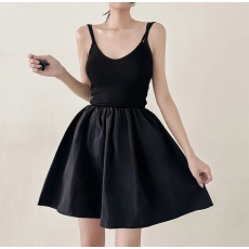 批发韩国chic收腰显瘦气质拼接高腰百褶吊带裙纯色百搭打底连衣裙