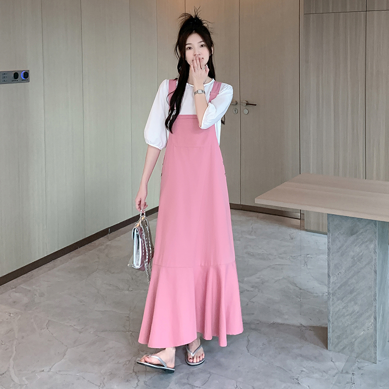 Real shot ~ Pink sweet denim suspender skirt suit, new Korean age-reducing puff sleeve top two-piece set