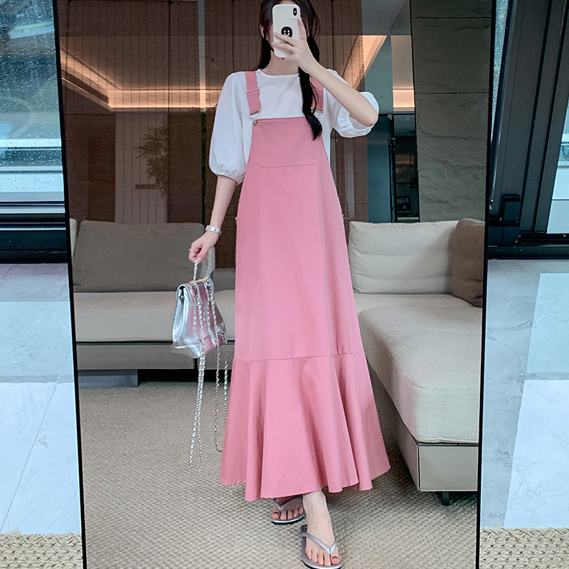 Real shot ~ Pink sweet denim suspender skirt suit, new Korean age-reducing puff sleeve top two-piece set