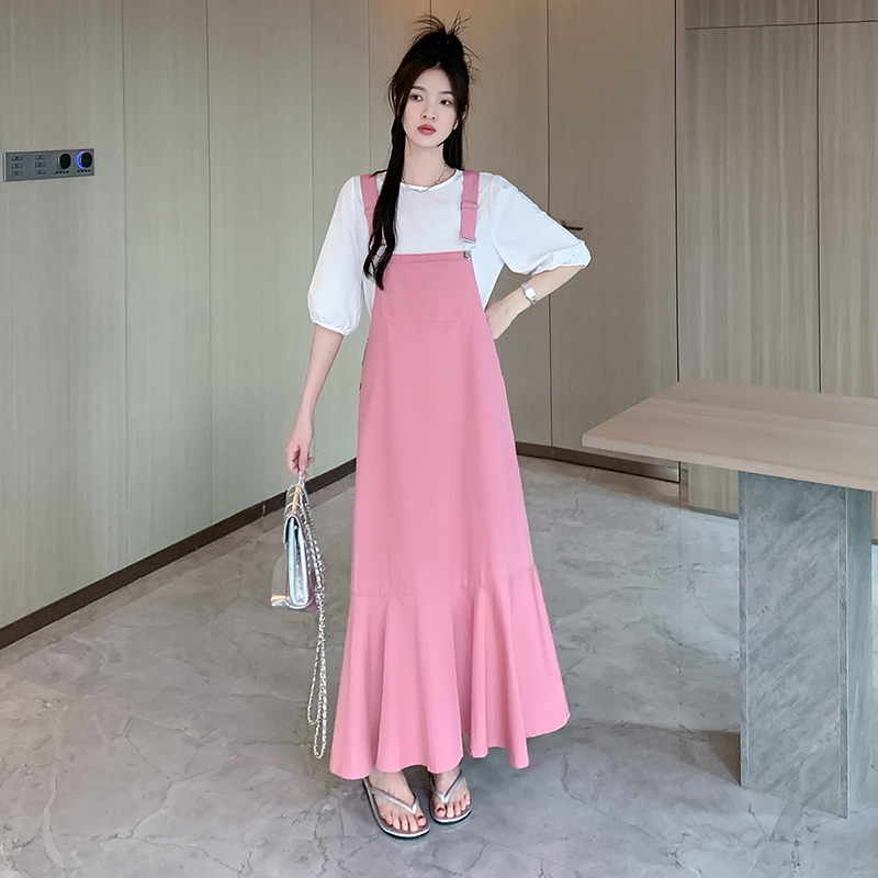 Real shot ~ Pink sweet denim suspender skirt suit, new Korean age-reducing puff sleeve top two-piece set