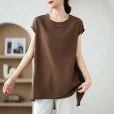 批发胖MM夏季新款复古工字无袖背心亚麻宽松不规则<b class='q'>大码</b>休闲T恤上衣