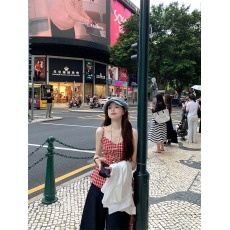 实拍  红格甜辣妹不规则荷叶边飘带吊带挂脖上衣