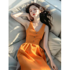 批发简约大方橘色无袖连衣裙女夏日多巴胺穿搭法式气质绝美收腰<b class='q'>背心裙</b>