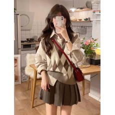 批发初秋学院风套装女秋新款日系温柔菱格针织马甲背心<b class='q'>长袖</b>衬衫三件套