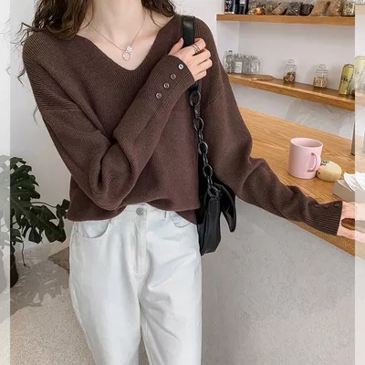 패션 품격 V넥 디자인 센스 맨위 가을 겨울 만나는 스웨터 여자 루즈핏 캐주얼 긴팔 느긋한 니트 스웨터