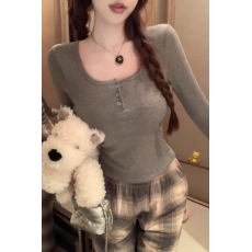 批发韩国外贸带胸垫 U领长袖磨毛打底衫春季纯欲风修身内搭上衣带胸垫