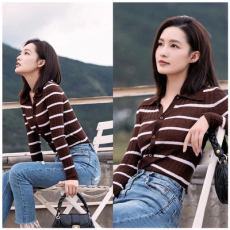 批发李沁<b class='q'>明星</b><b class='q'>同款</b>条纹针织开衫女春秋新款时尚翻领毛衣修身显瘦小外套