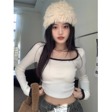 批发韩国外贸方领针织衫女春季内搭复古高级感短款气质长袖打底上衣潮