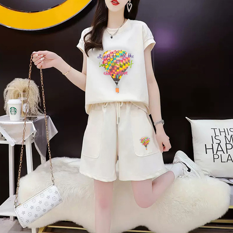 PF16390# 首发纯棉后包领2024夏季休闲运动印花短袖T恤短裤套装女两件套女裝貨源服裝批發