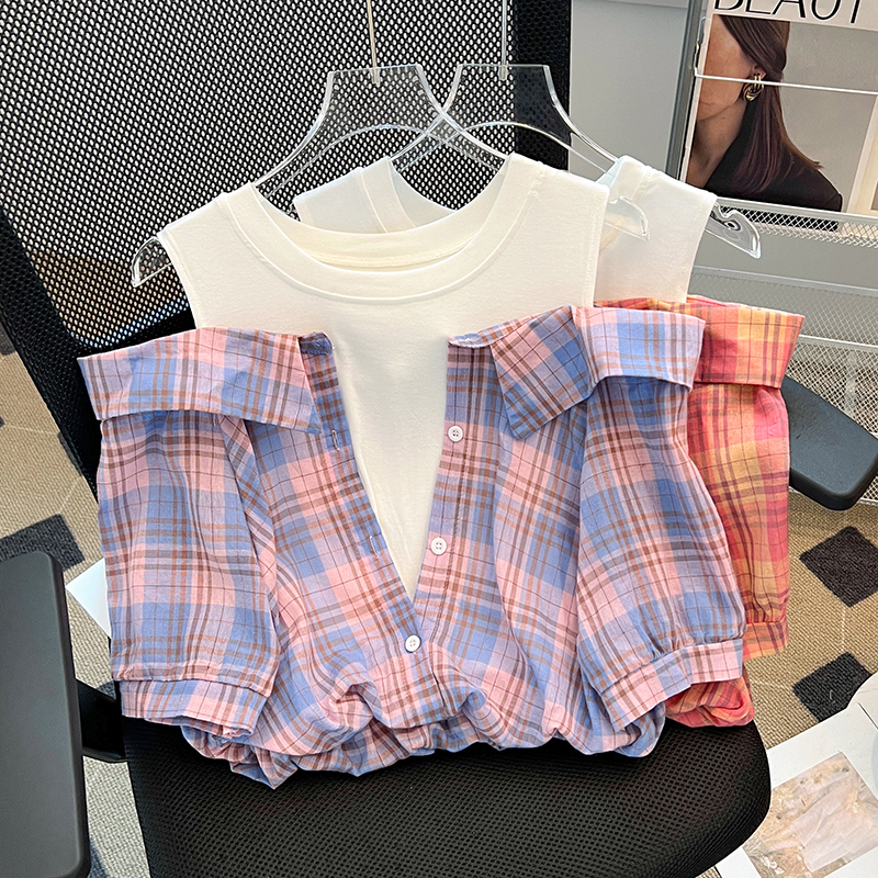FA34450# ～露肩衬衫女假两件夏季新款格子背心上衣 服裝批發女裝批發服飾貨源