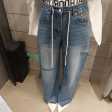 批发现 系带束腰贴牌裁剪破洞毛边宽松牛仔长裤