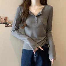 批发韩国<b class='q'>外贸</b>半开领抽绳收腰打底衫女春季设计感短款上衣内搭长袖T恤