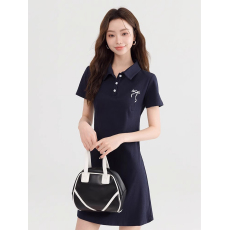 批发官图 <b class='q'>纯棉</b>螺纹POLO衫领连衣裙女中长款短袖<b class='q'>T</b><b class='q'>恤</b>夏季收腰上衣