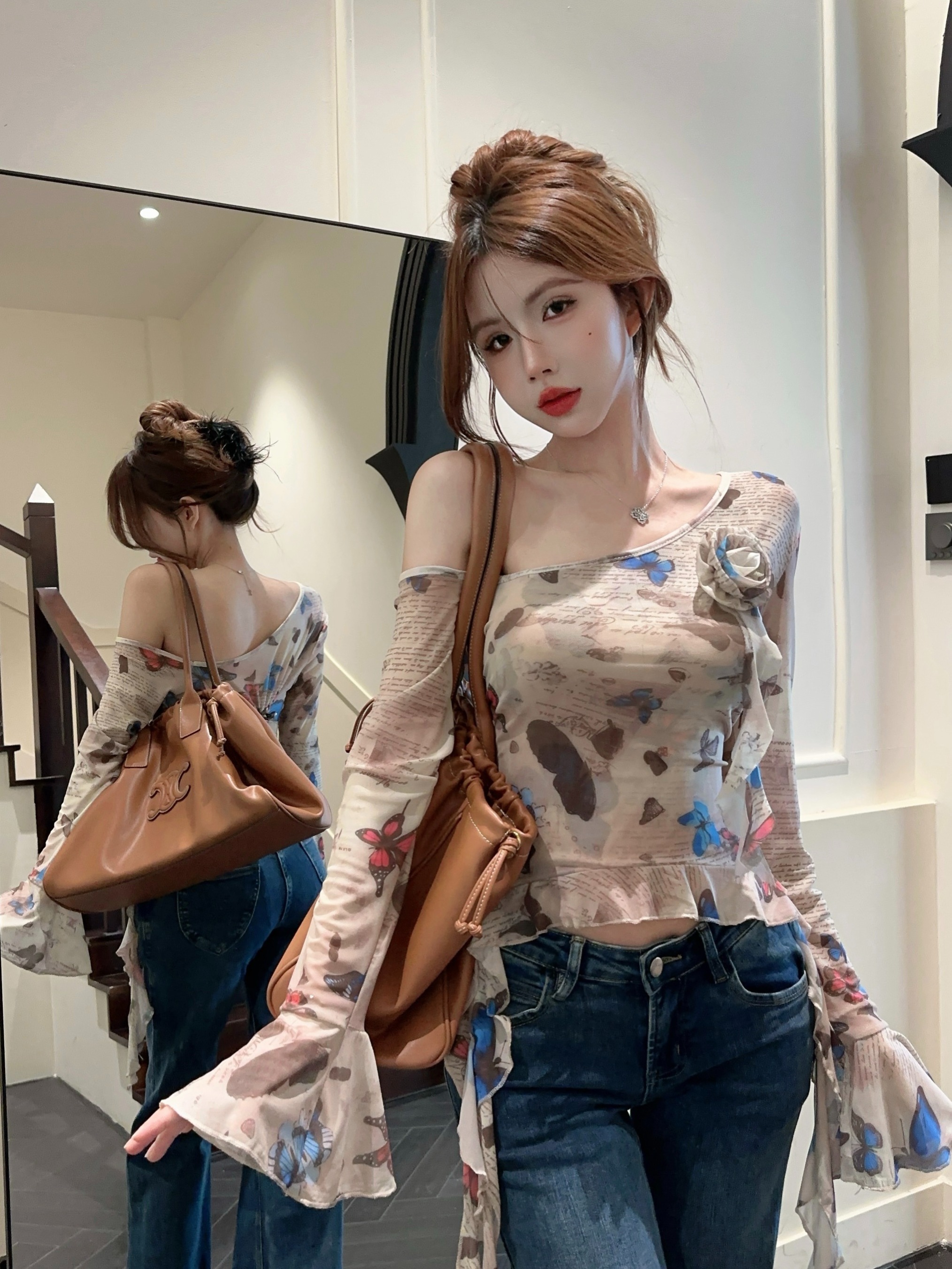 실사 정가 순수한 욕망 프린트 헤일로 염색 망사 꽃 작은 셔츠 태국 사람 스타일 핫걸 섹시함 불규칙 오프숄더 짧은 맨위