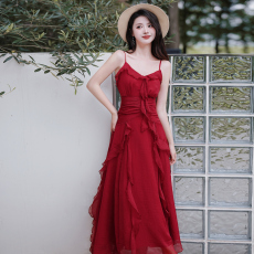 批发实拍 法式复古红色长裙订婚礼服显瘦荷叶裙度假裙