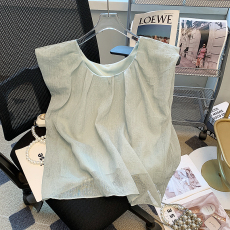 批发法式甜美小飞袖亚麻<b class='q'>衬衫</b>女夏季新款显白绿色背心无袖遮肚子小上衣