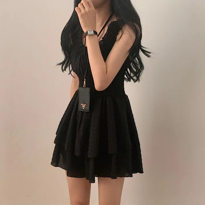 있음 선적 한국 chic 여름 단색 프릴 달콤함 허리 수축 슬림해 보이는 퍼프 스커트 민소매 슬립 드레스
