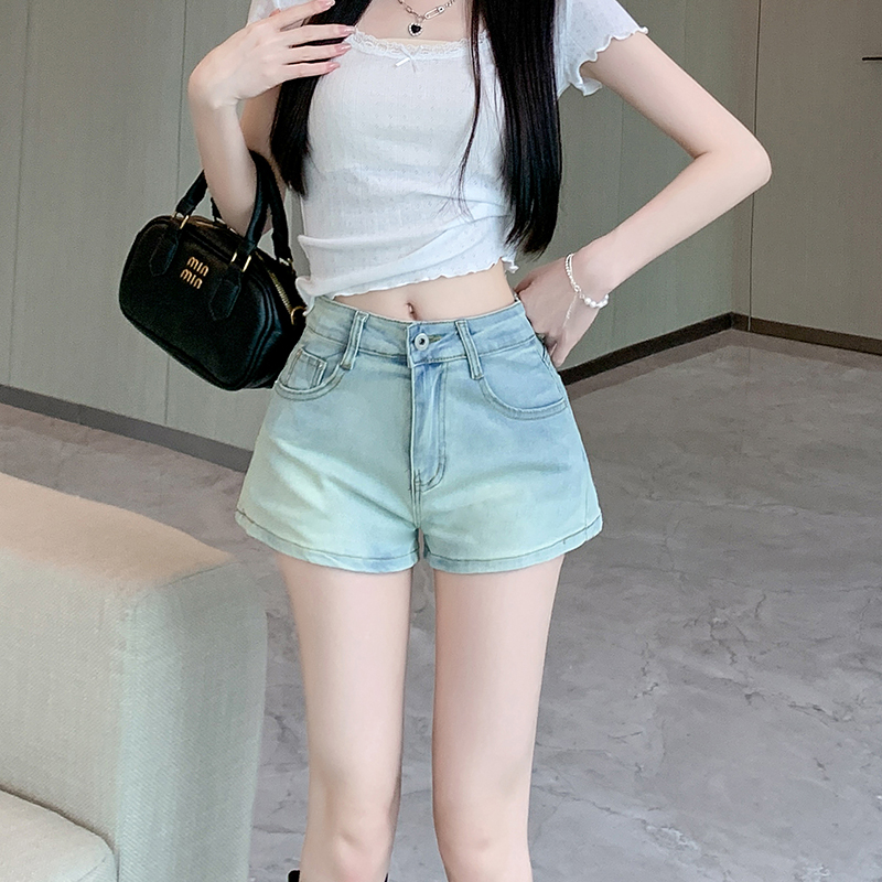 PF16350# 网红爆款蓝色丰胯牛仔短裤女夏季复古高腰休闲直筒裤子辣妹热裤女裝貨源服裝批發