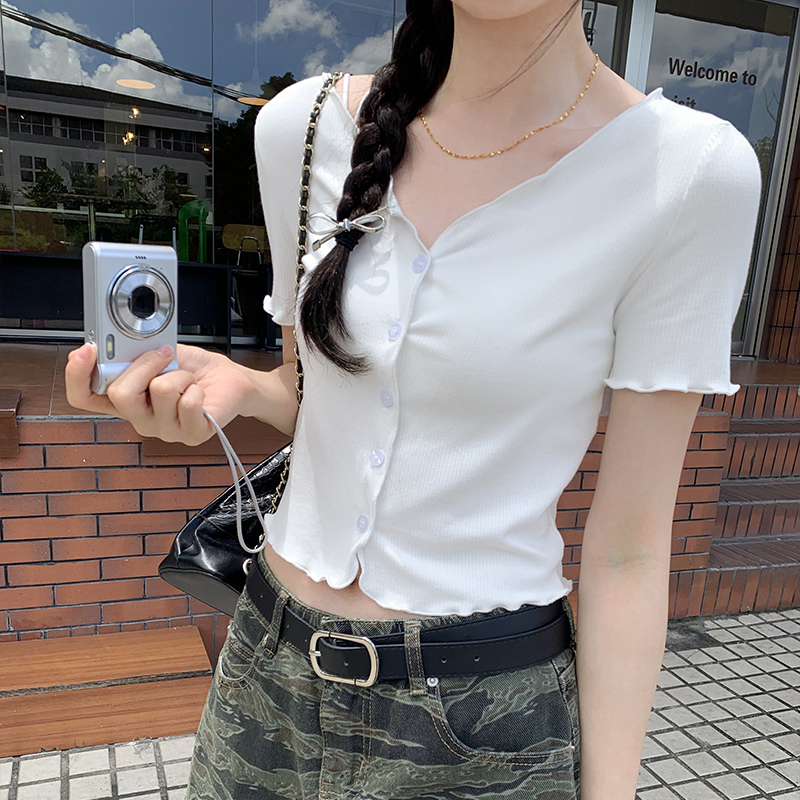 LN44230# 图木耳边V领短袖薄款外套女夏新款独特超好看短款上衣 服裝批發女裝批發服飾貨源