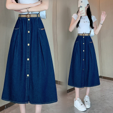 批发实拍大码女装2026春款韩版<b class='q'>牛仔</b>半身<b class='q'>长裙</b>配腰带百搭显瘦大摆裙