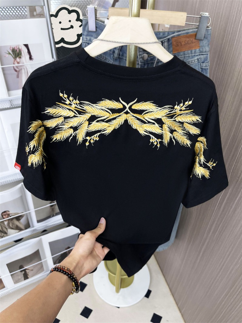 PF16373#精梳纯棉夏季新国潮风麦穗刺绣短袖T恤休闲百搭上衣女裝貨源服裝批發