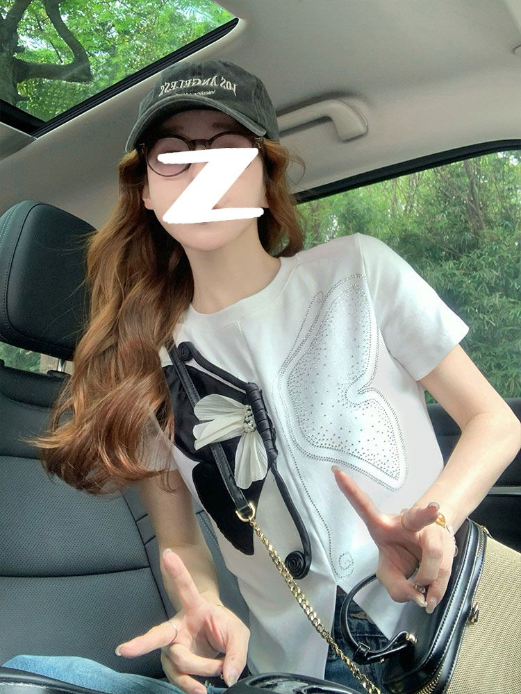 PF16381# 纯棉后包领重工蝴蝶短袖t恤女夏季新款设计感小众欧货开叉正肩女裝貨源服裝批發