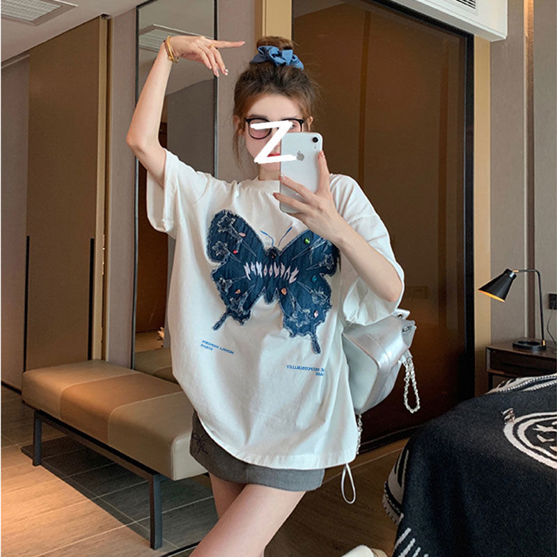 PF16380# 220克纯棉后包领蝴蝶短袖t恤女2024新款夏季美式高街设计感小众潮女裝貨源服裝批發