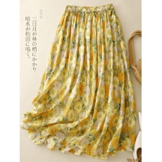 批发文艺复古印花<b class='q'>棉麻</b><b class='q'>半身裙</b>女2024年夏季新款国风松紧腰中长款a字裙