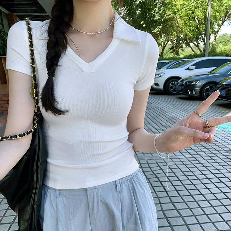 LN44319# 图辣妹设计感V领短袖t恤女夏季新款翻领POLO衫修身上衣 服裝批發女裝批發服飾貨源