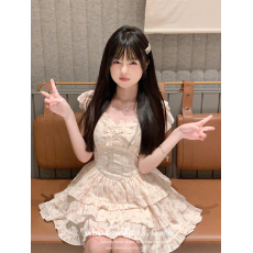 批发法式甜美小飞袖碎花<b class='q'>连衣裙</b>女夏季小个子蝴蝶结收腰在逃公主<b class='q'>蓬蓬裙</b>